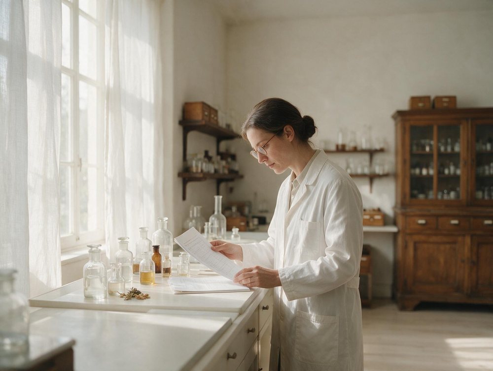 Reviewing the research at a soft-lit French laboratory bench