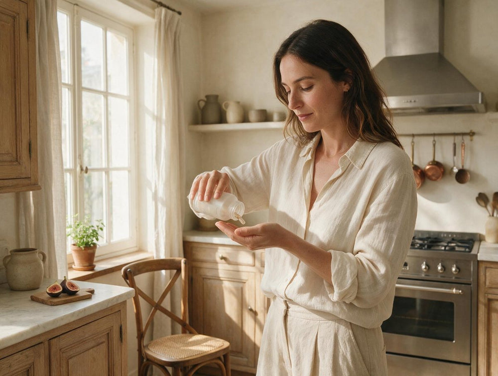 A woman taking an OGINÉA capsule during a calm morning in a sunlit French kitchen