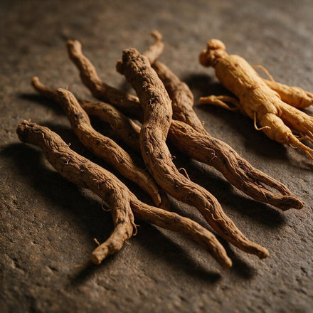 Ashwagandha and ginseng roots on stone