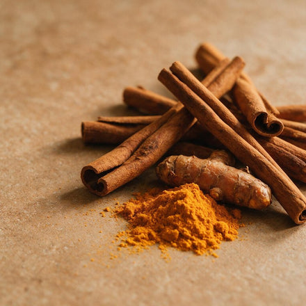 Cinnamon sticks and turmeric on stone