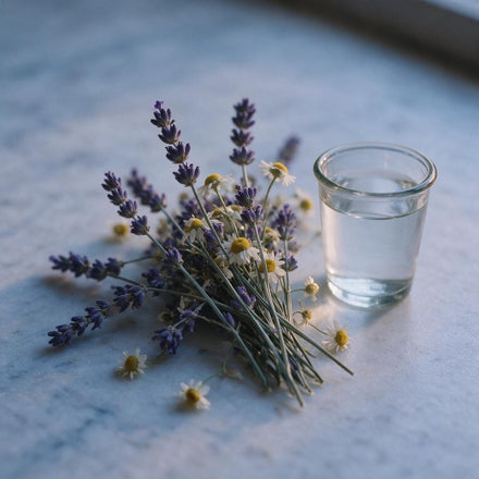 Lavender and chamomile beside a glass of water