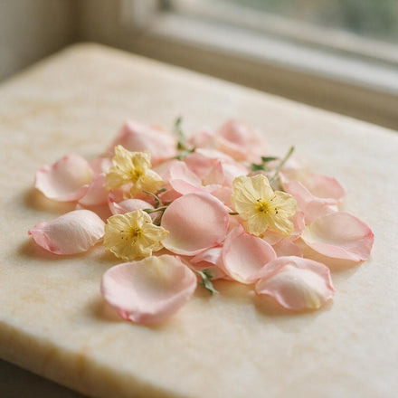 Soft pink rose petals on stone