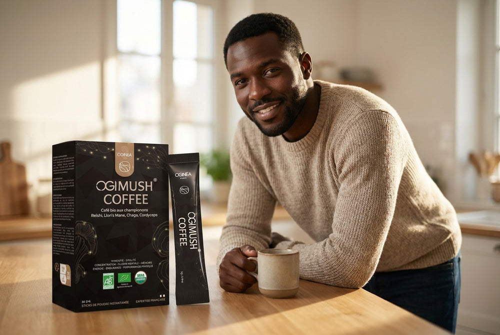 A man leaning on a kitchen counter beside an OGIMUSH coffee box and stick, with a mug