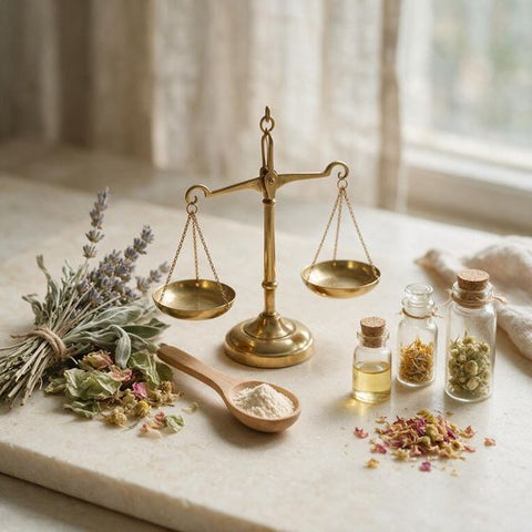 A small scale and measuring spoon with botanical ingredients