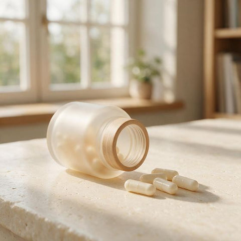Capsules beside an open frosted glass bottle