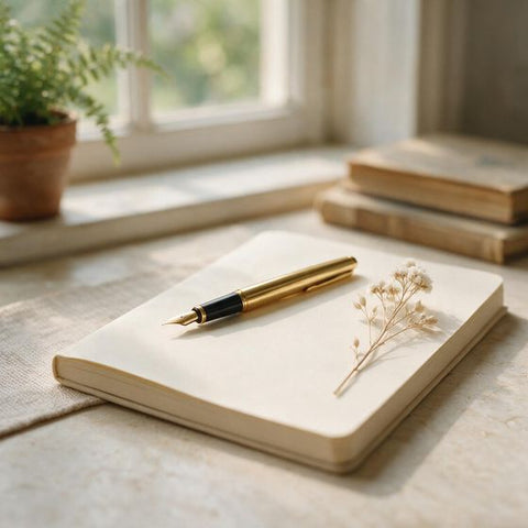 A notebook and fountain pen beside a dried sprig, marking a starting point