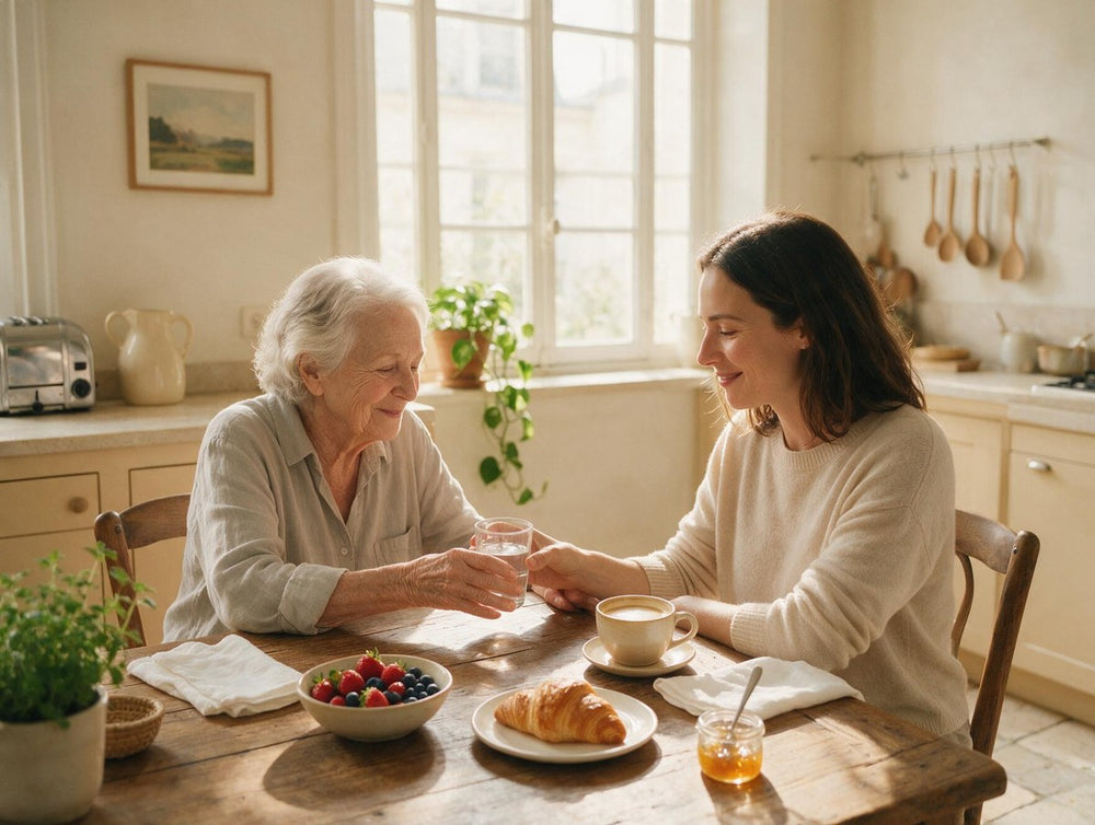A woman sharing a quiet morning moment with her elderly mother at a sunlit kitchen table