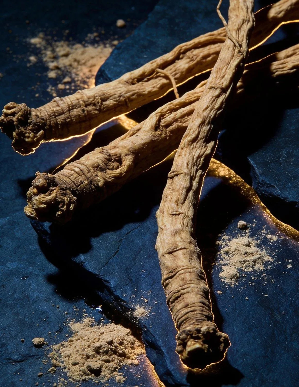 Ashwagandha roots on indigo stone