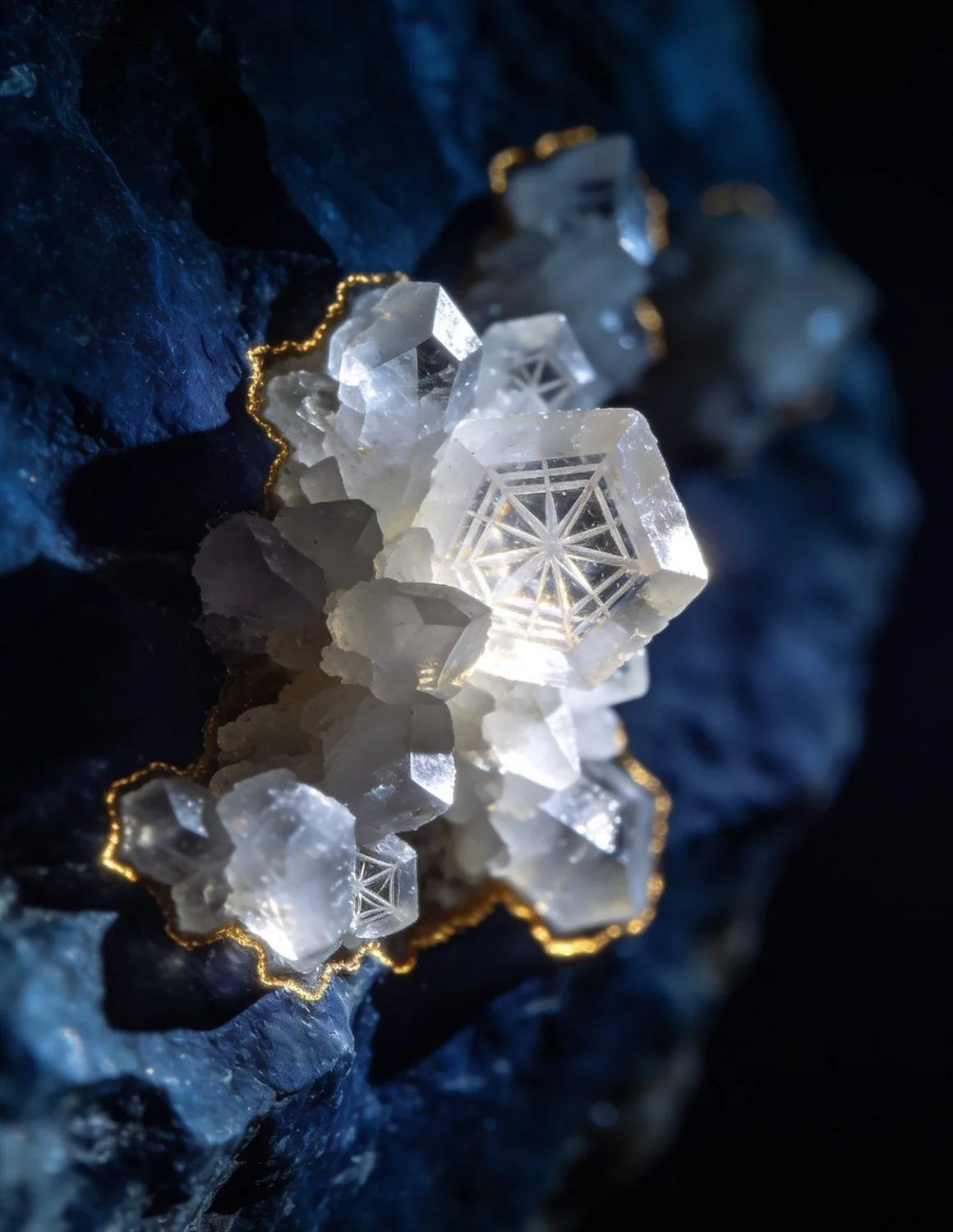 Magnesium crystal clusters on indigo stone