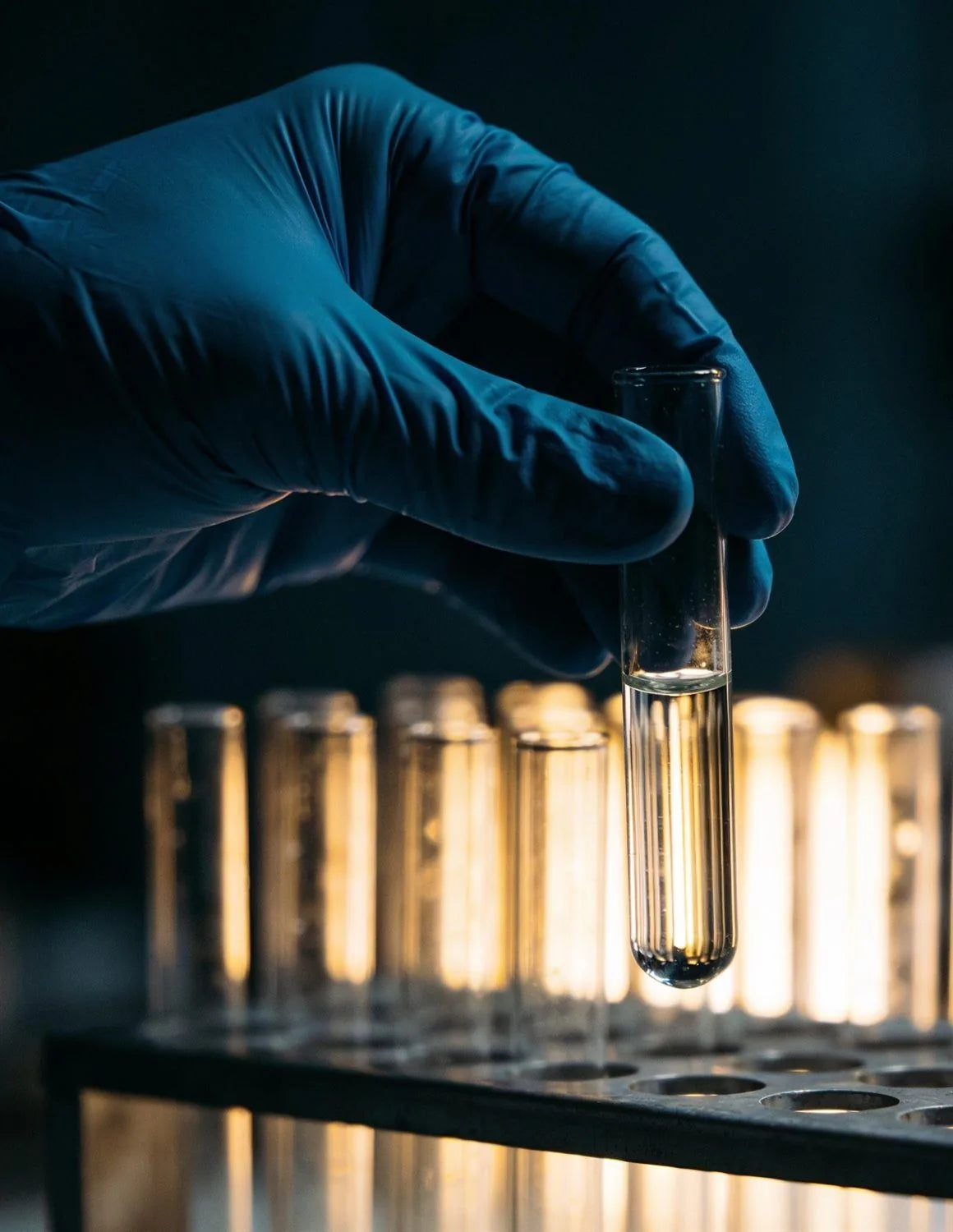 Gloved hand holding a vial in a dark laboratory