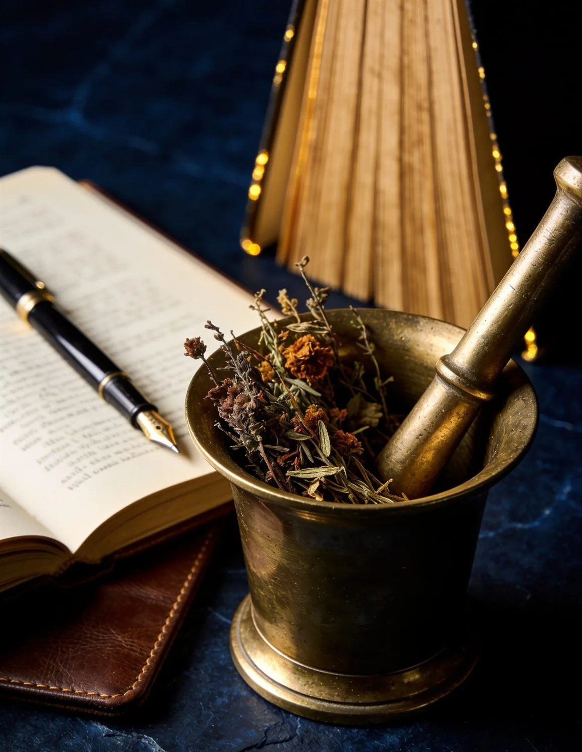 Brass mortar and pestle beside an open notebook